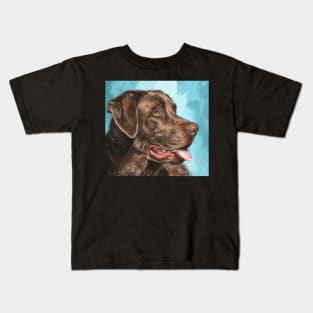 Painting of a Chocolate Labrador with Its Tongue Out, Blue Background Kids T-Shirt